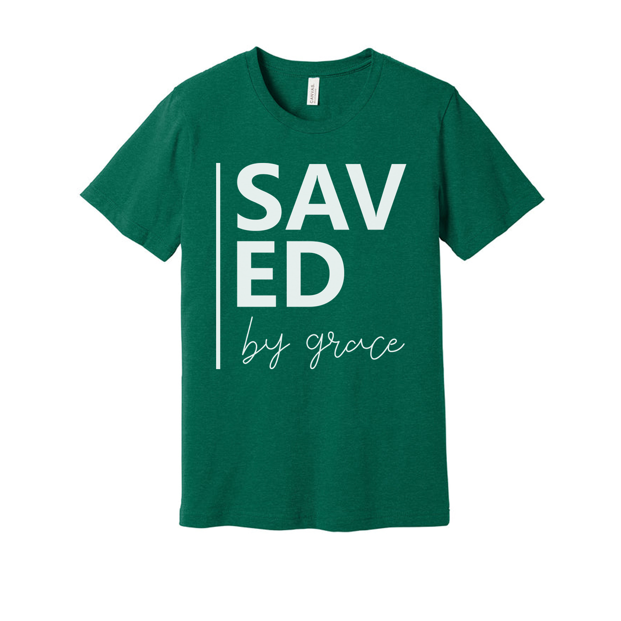 Unisex Christian Graphic T Shirt With Saved By Grace Typography And Modern Vertical Accent