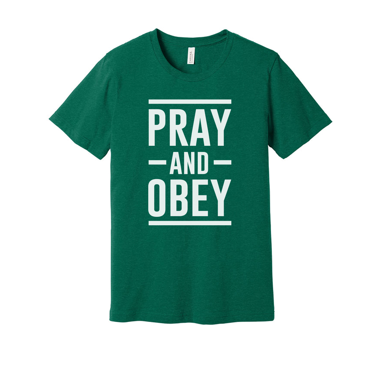 Christian Unisex T Shirt With Pray And Obey Bold Graphic Typography Front Design