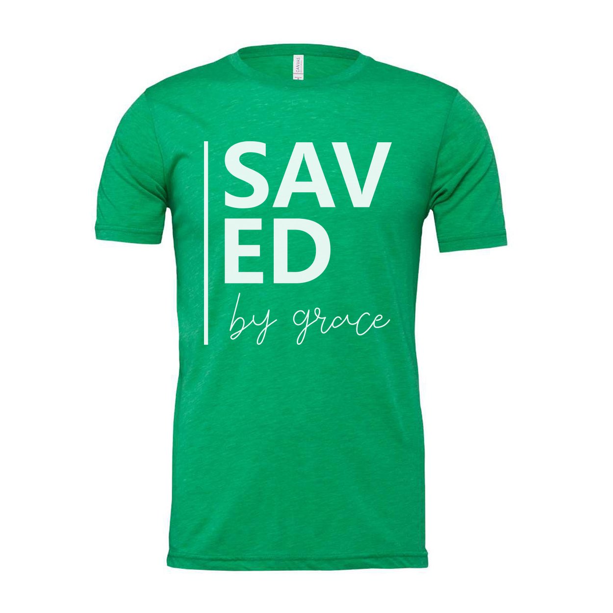 Unisex Christian Graphic T Shirt With Saved By Grace Typography And Modern Vertical Accent