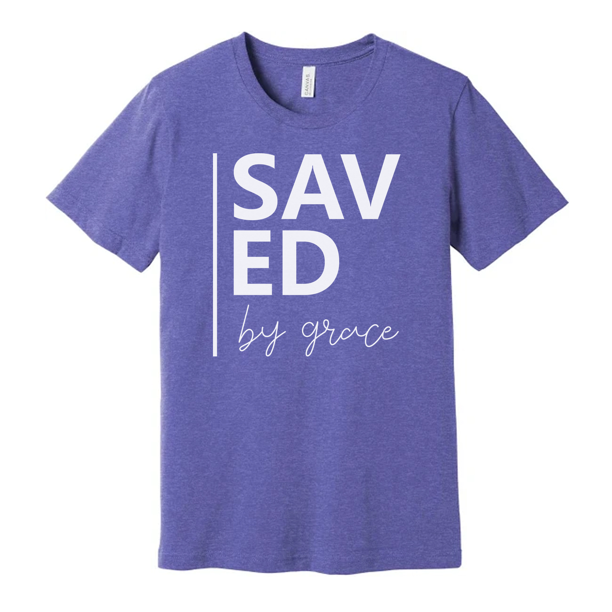 Unisex Christian Graphic T Shirt With Saved By Grace Typography And Modern Vertical Accent