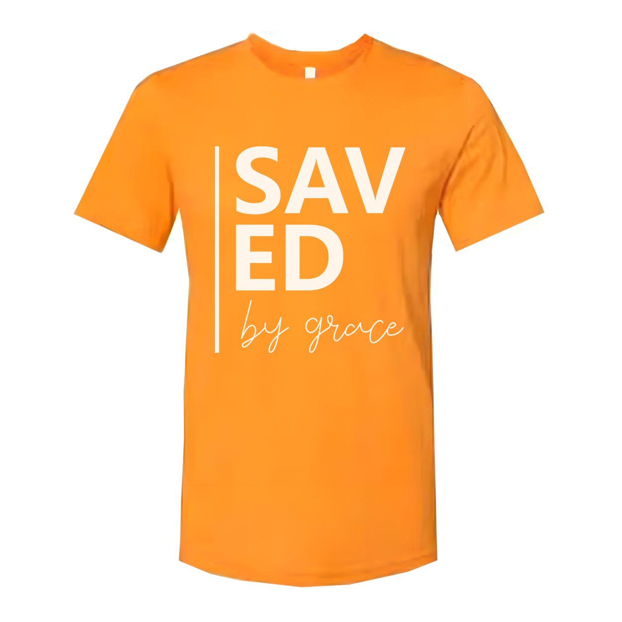 Unisex Christian Graphic T Shirt With Saved By Grace Typography And Modern Vertical Accent