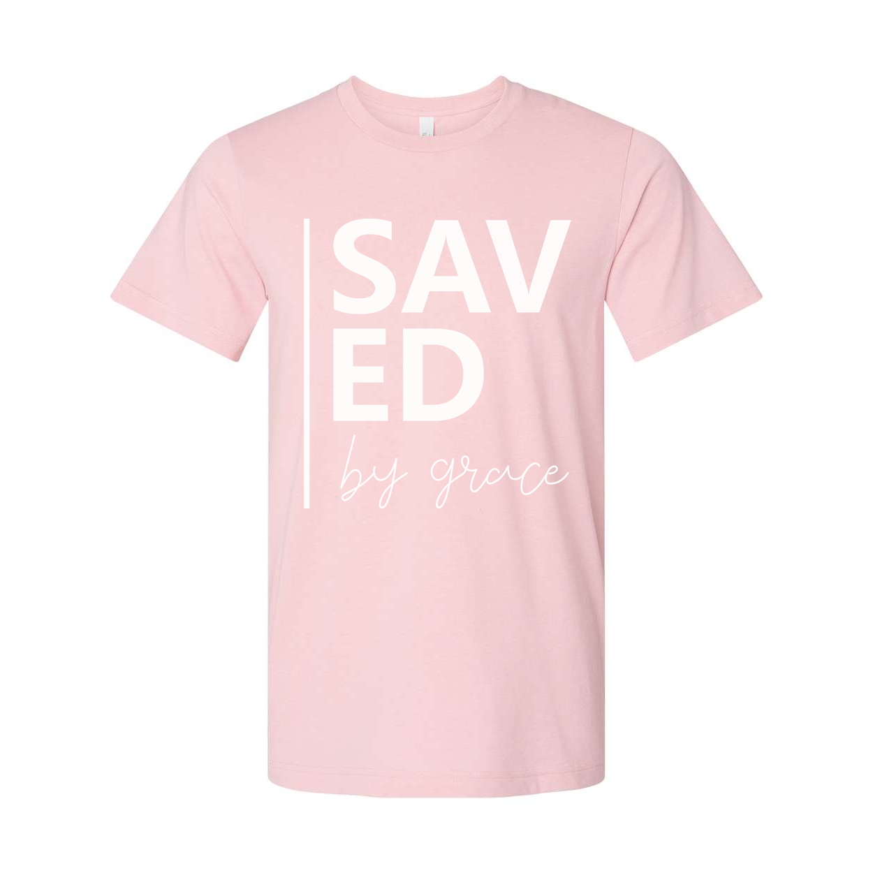 Unisex Christian Graphic T Shirt With Saved By Grace Typography And Modern Vertical Accent