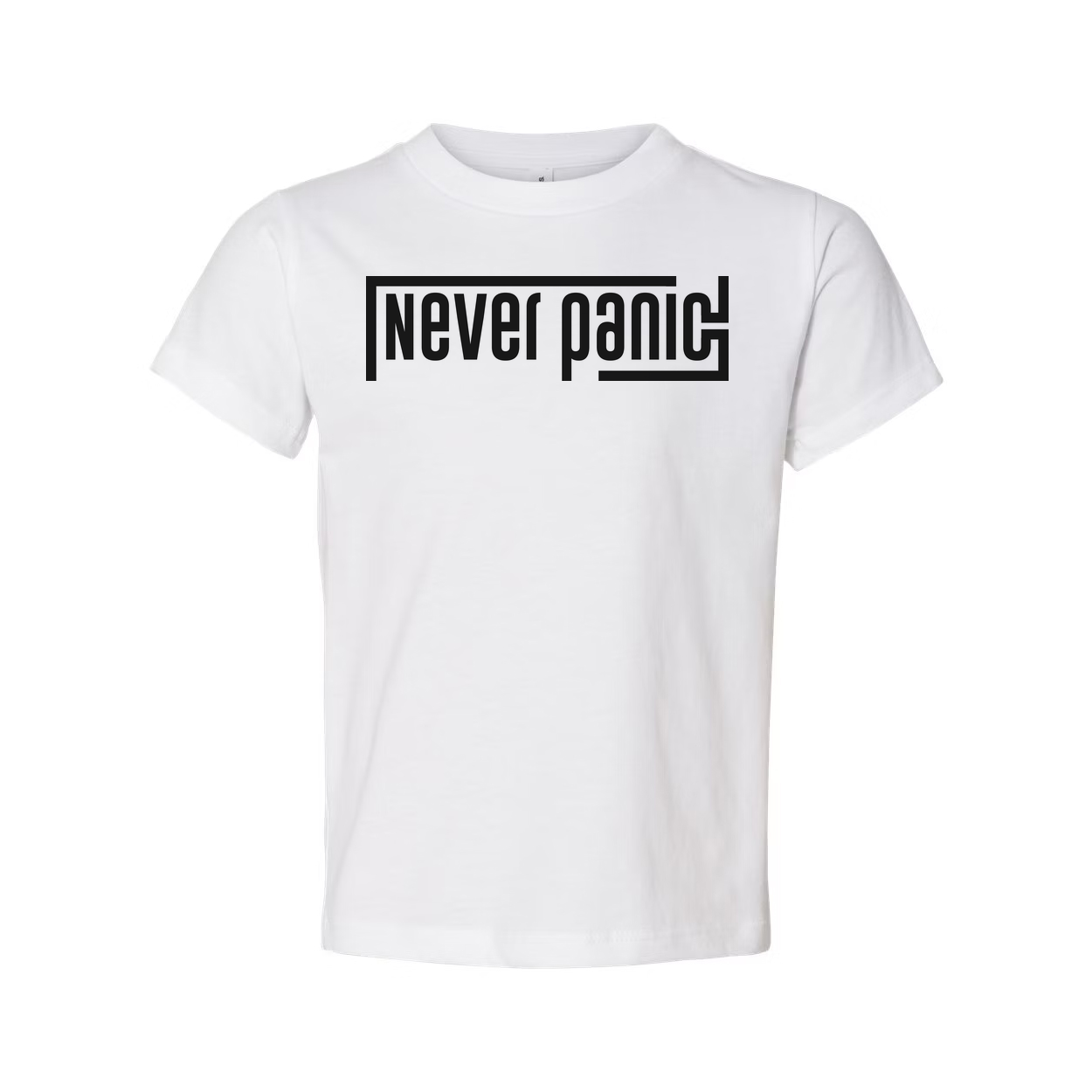 Never Panic Unisex Graphic T Shirt With Bold Block Letter Design For Everyday Wear