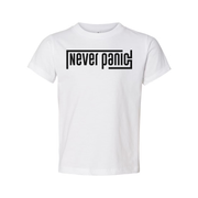 Never Panic Unisex Graphic T Shirt With Bold Block Letter Design For Everyday Wear