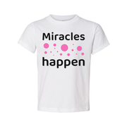 Christian Unisex T Shirt Miracles Happen Graphic With Pink Dot Bubbles Artwork Design