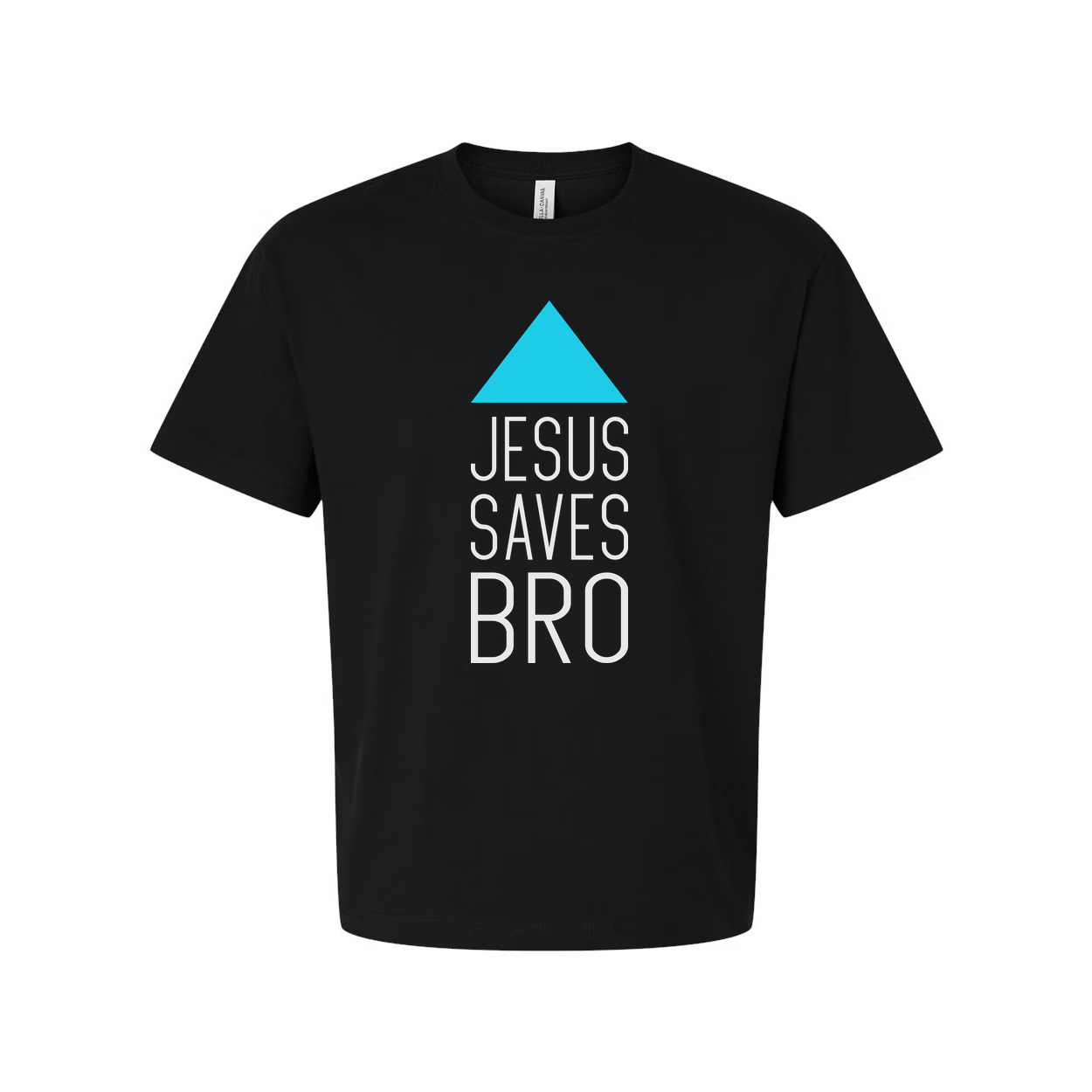 Unisex Christian T Shirt Featuring Jesus Saves Bro With Cyan Triangle Graphic Artwork