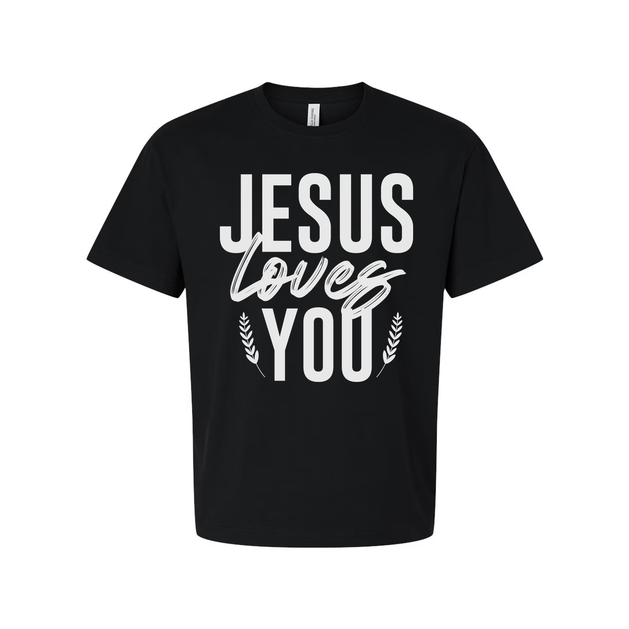 Unisex Christian T Shirt With Jesus Loves You Graphic And Laurel Leaf Accents Soft Fabric
