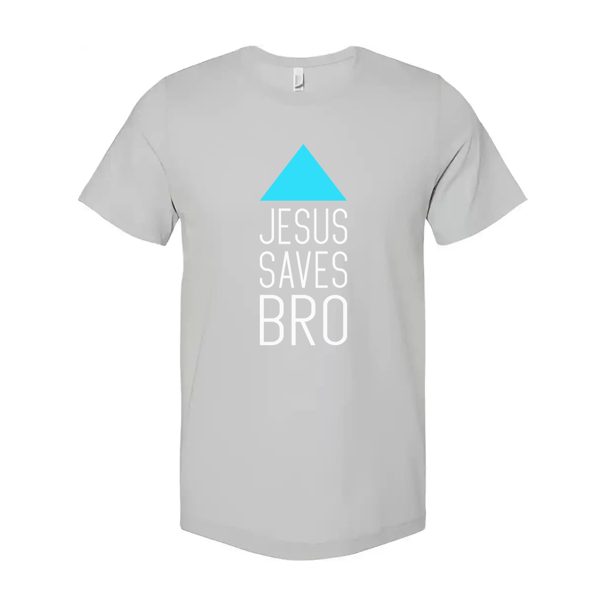 Unisex Christian T Shirt Featuring Jesus Saves Bro With Cyan Triangle Graphic Artwork