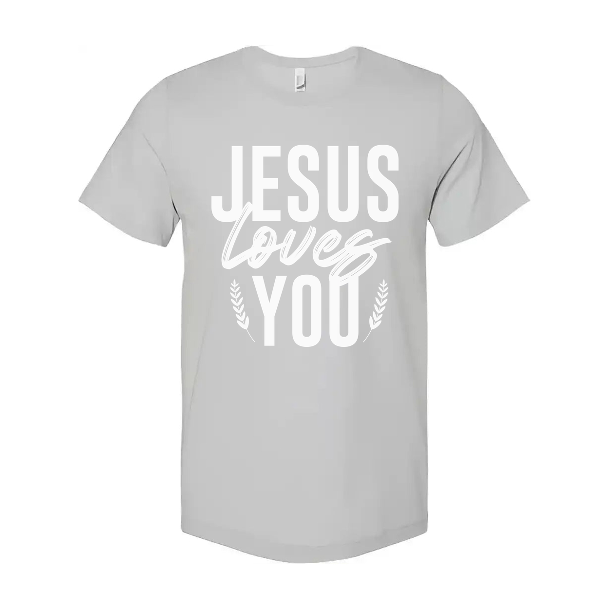 Unisex Christian T Shirt With Jesus Loves You Graphic And Laurel Leaf Accents Soft Fabric