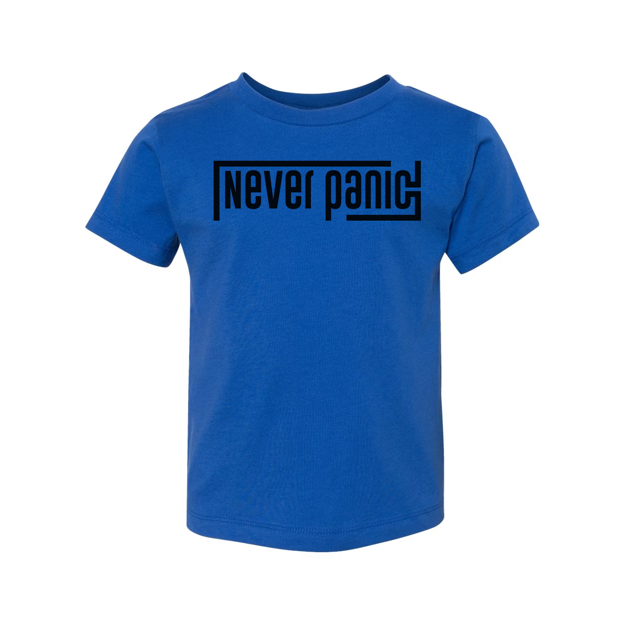Never Panic Unisex Graphic T Shirt With Bold Block Letter Design For Everyday Wear