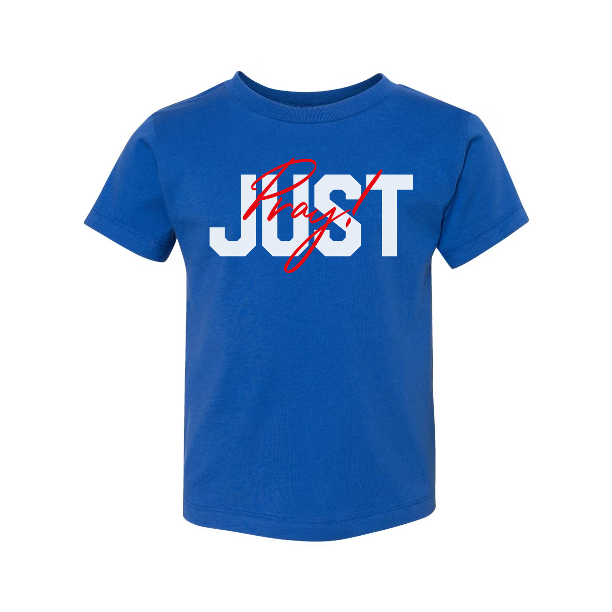 Unisex Christian T Shirt With Just Pray Red Script Overlay On Large Light Gray Letters