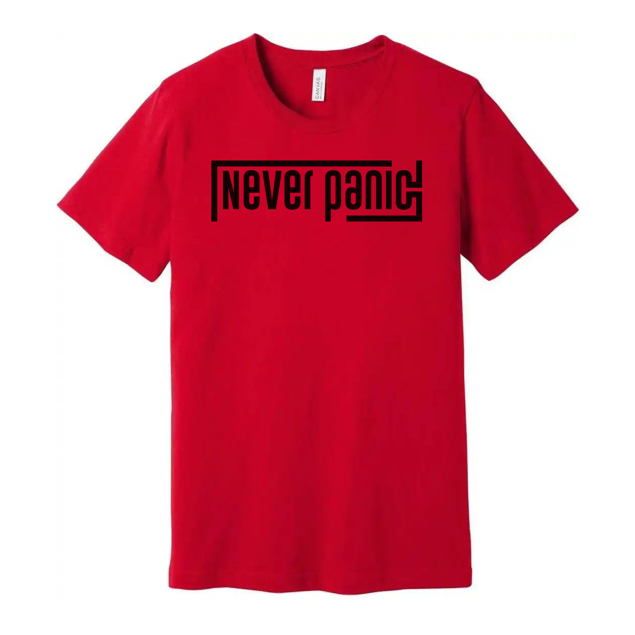 Never Panic Unisex Graphic T Shirt With Bold Block Letter Design For Everyday Wear