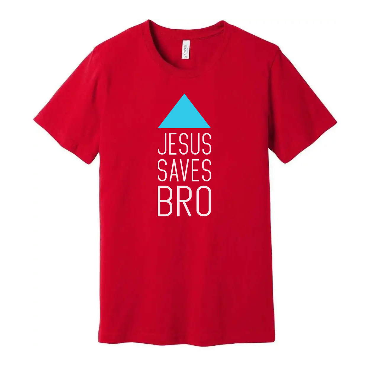 Unisex Christian T Shirt Featuring Jesus Saves Bro With Cyan Triangle Graphic Artwork