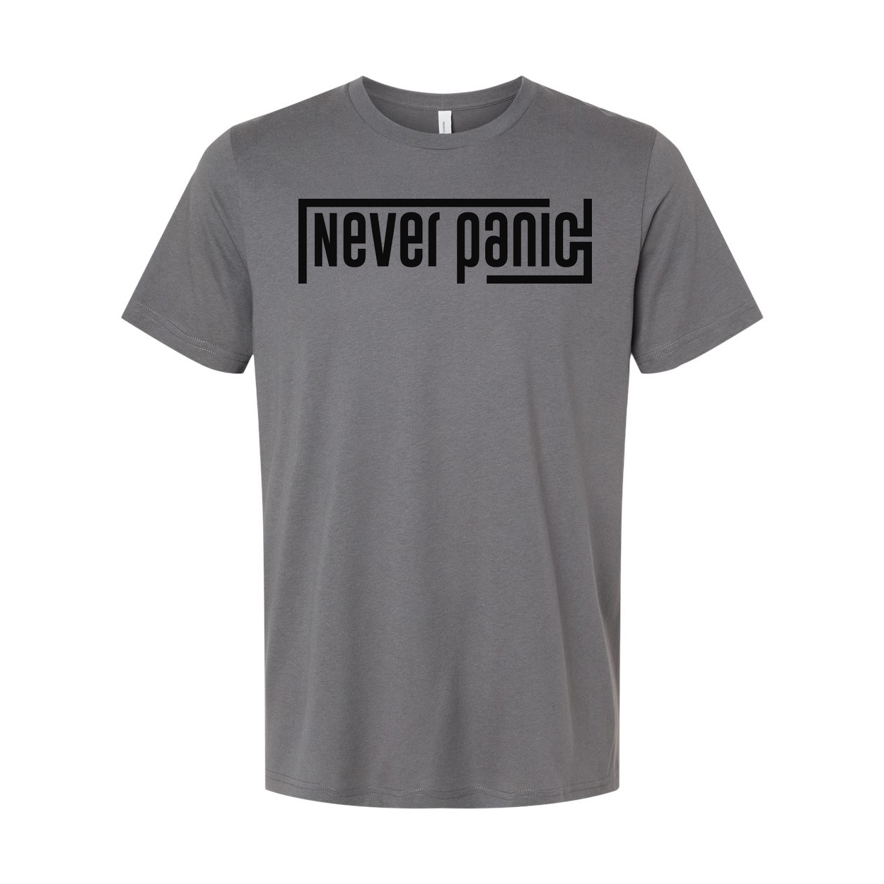 Never Panic Unisex Graphic T Shirt With Bold Block Letter Design For Everyday Wear