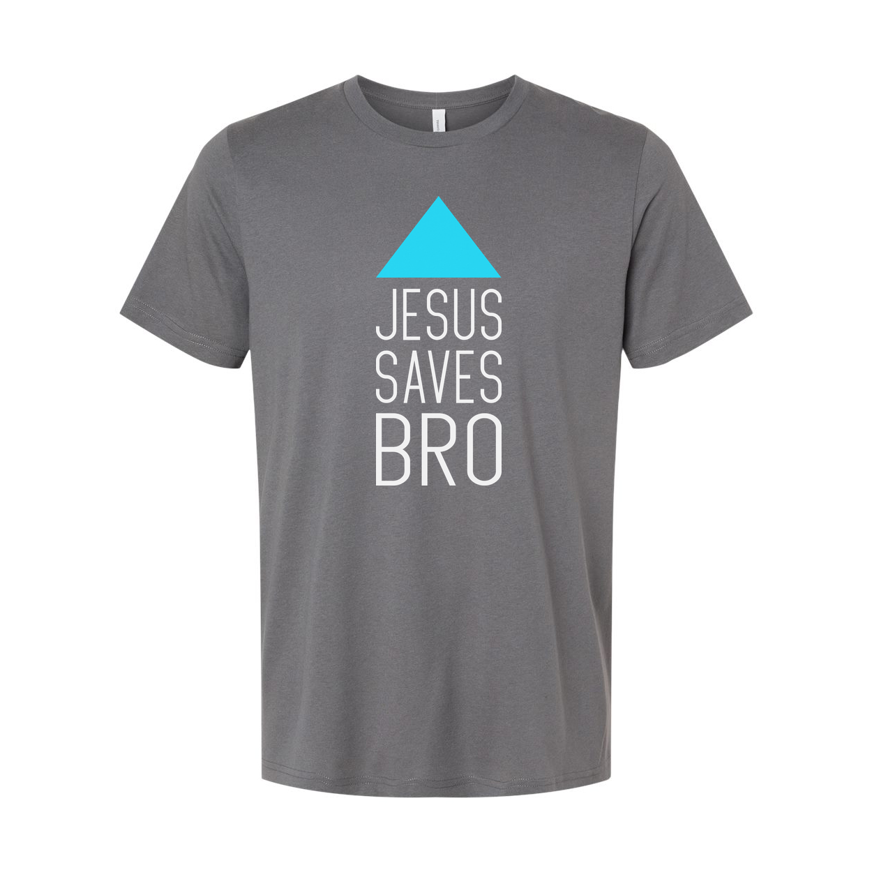 Unisex Christian T Shirt Featuring Jesus Saves Bro With Cyan Triangle Graphic Artwork