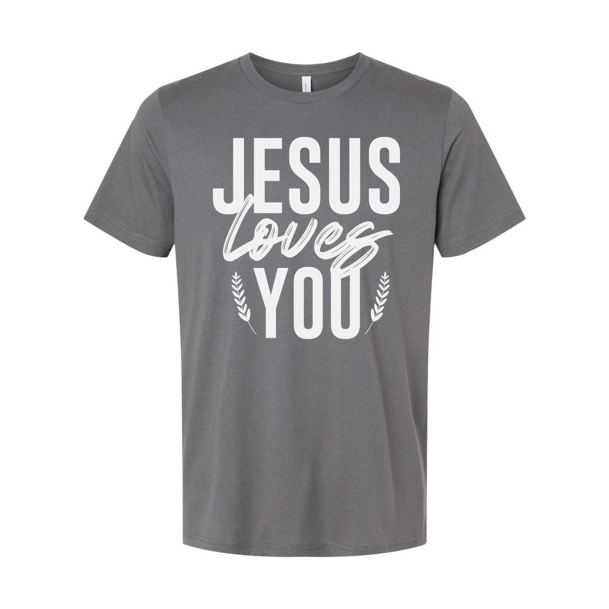 Unisex Christian T Shirt With Jesus Loves You Graphic And Laurel Leaf Accents Soft Fabric