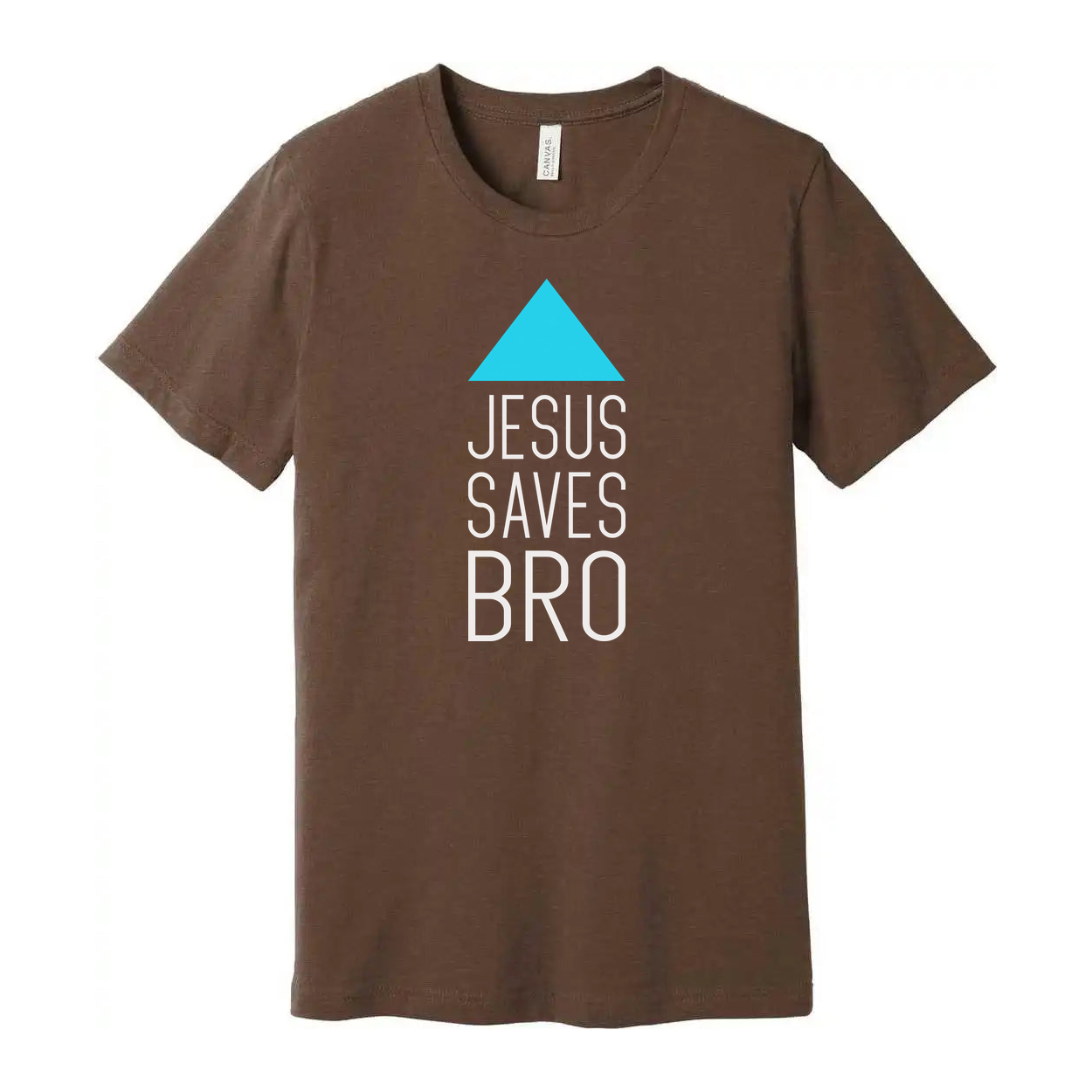 Unisex Christian T Shirt Featuring Jesus Saves Bro With Cyan Triangle Graphic Artwork