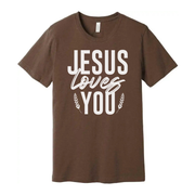 Unisex Christian T Shirt With Jesus Loves You Graphic And Laurel Leaf Accents Soft Fabric