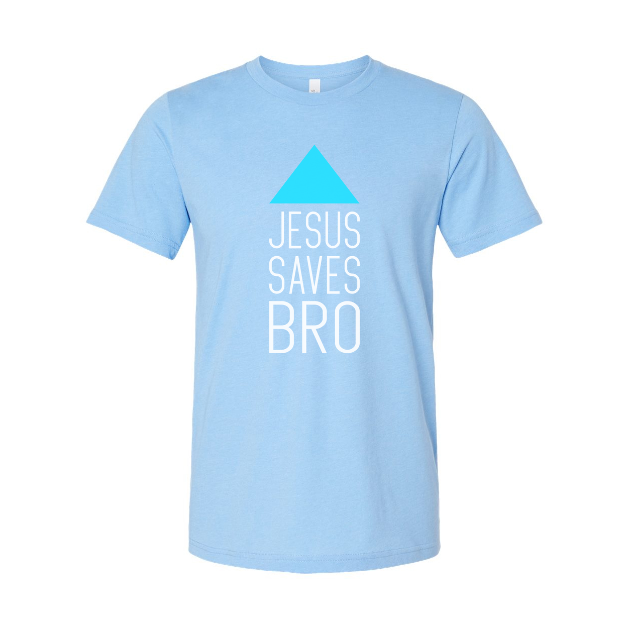 Unisex Christian T Shirt Featuring Jesus Saves Bro With Cyan Triangle Graphic Artwork