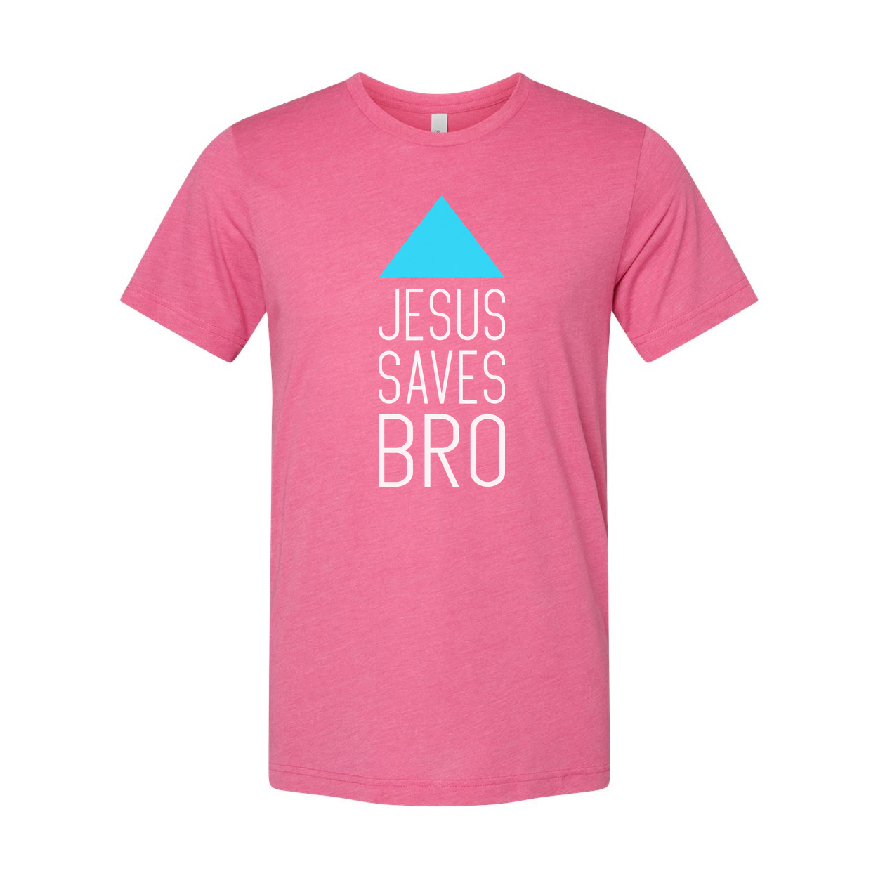 Unisex Christian T Shirt Featuring Jesus Saves Bro With Cyan Triangle Graphic Artwork