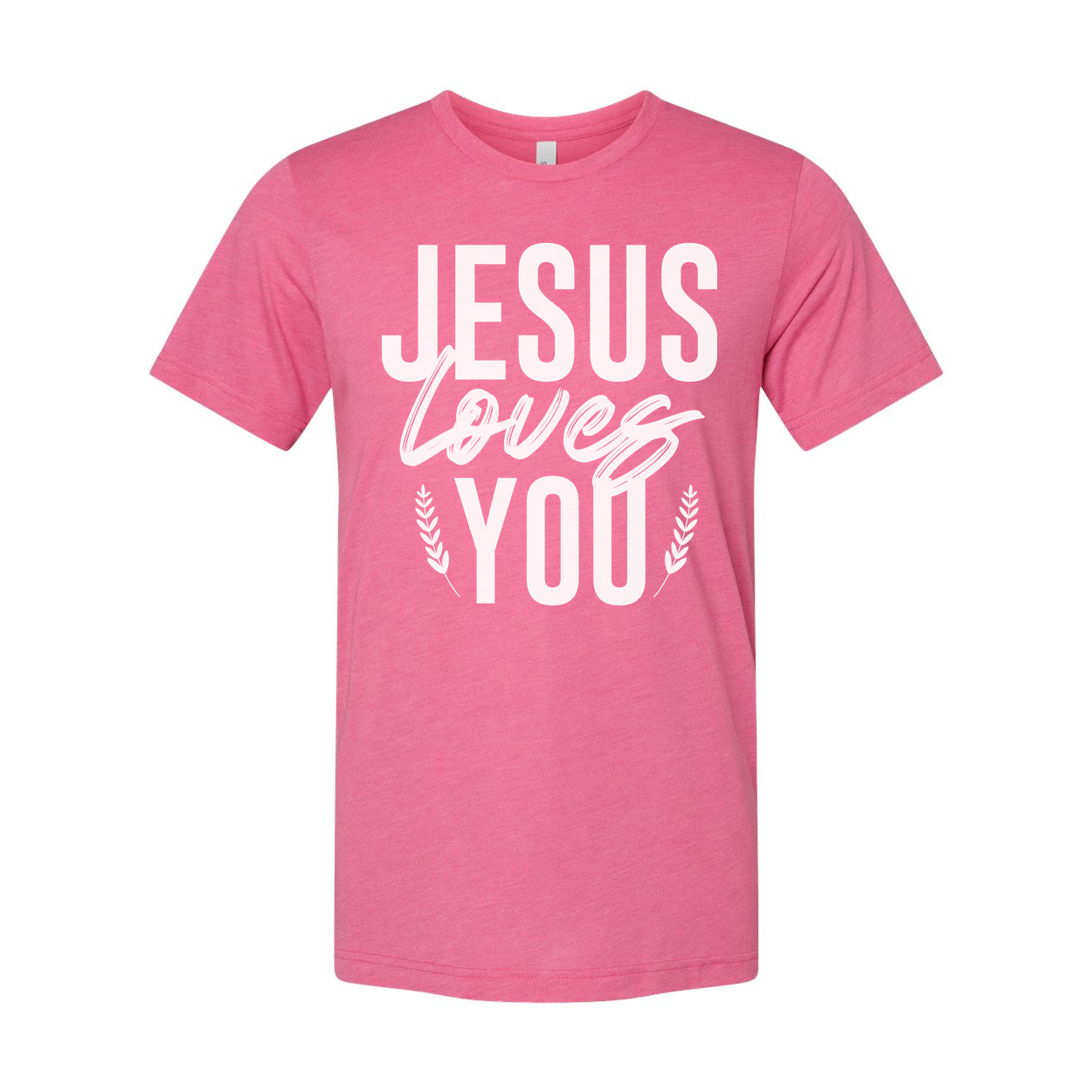 Unisex Christian T Shirt With Jesus Loves You Graphic And Laurel Leaf Accents Soft Fabric