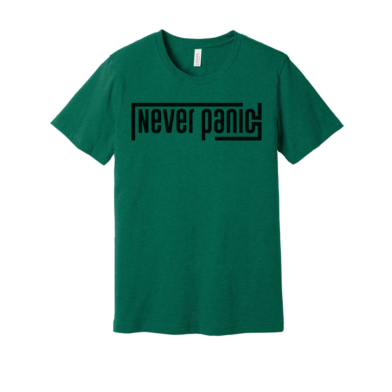Never Panic Unisex Graphic T Shirt With Bold Block Letter Design For Everyday Wear