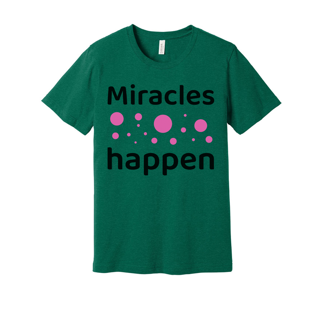 Christian Unisex T Shirt Miracles Happen Graphic With Pink Dot Bubbles Artwork Design