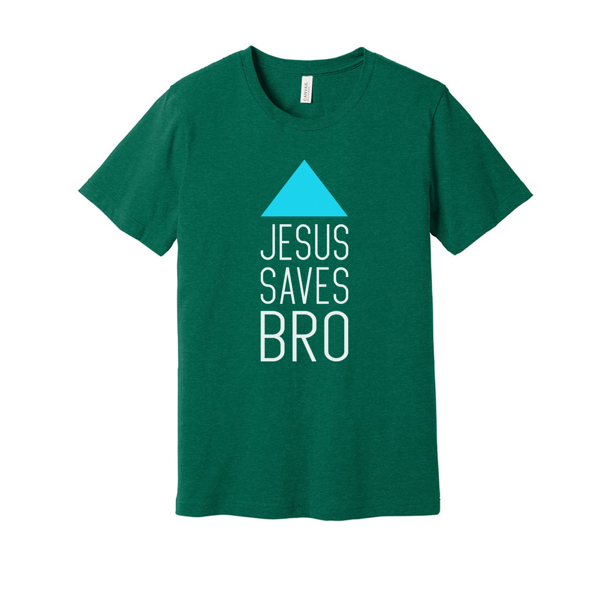 Unisex Christian T Shirt Featuring Jesus Saves Bro With Cyan Triangle Graphic Artwork