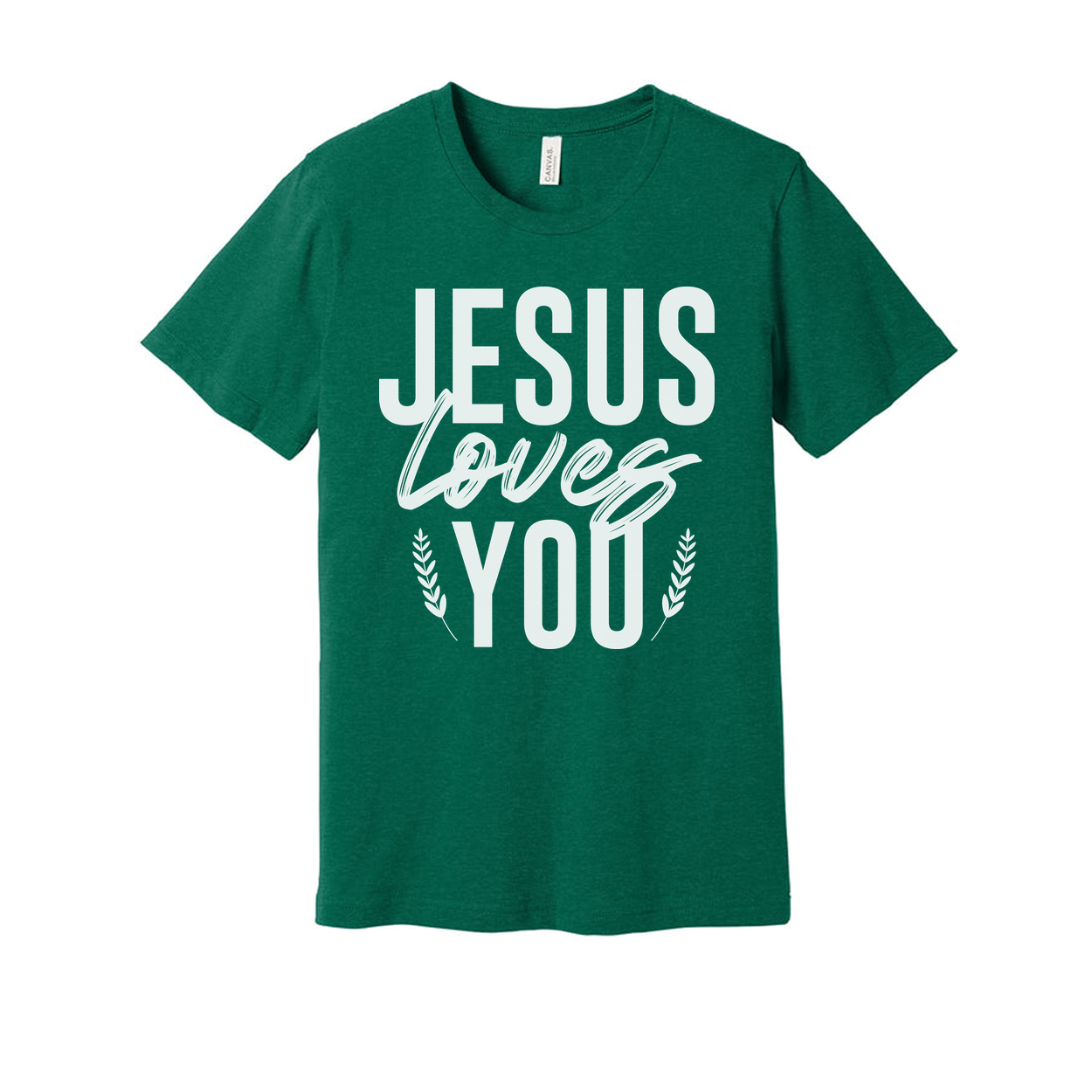 Unisex Christian T Shirt With Jesus Loves You Graphic And Laurel Leaf Accents Soft Fabric