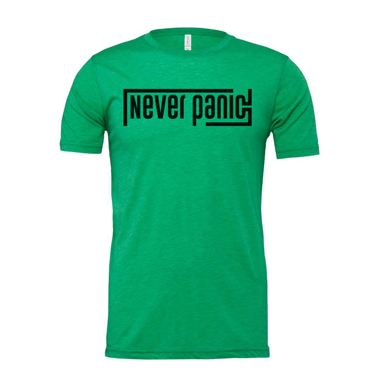 Never Panic Unisex Graphic T Shirt With Bold Block Letter Design For Everyday Wear