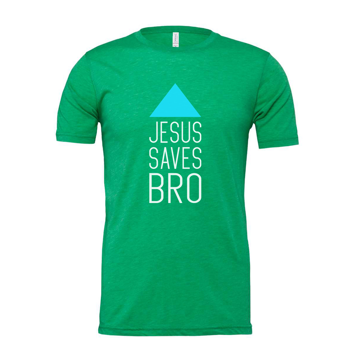 Unisex Christian T Shirt Featuring Jesus Saves Bro With Cyan Triangle Graphic Artwork