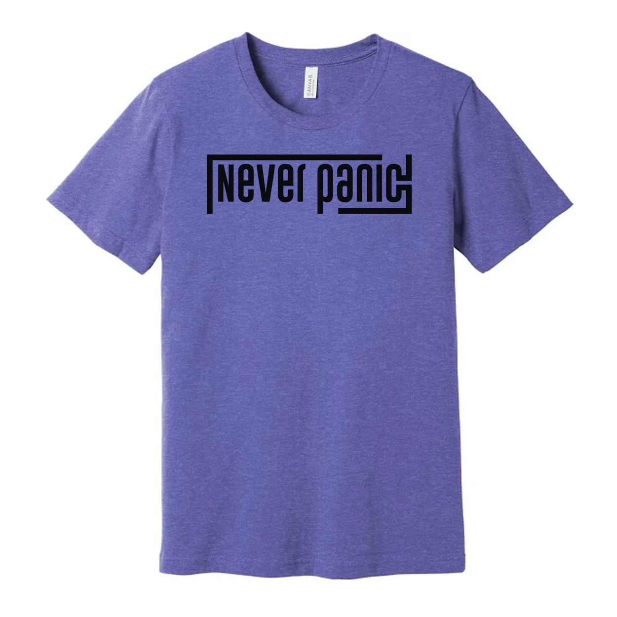 Never Panic Unisex Graphic T Shirt With Bold Block Letter Design For Everyday Wear