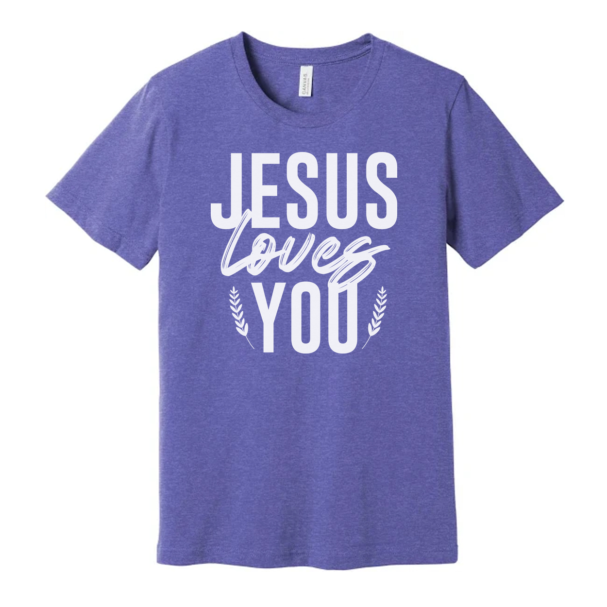 Unisex Christian T Shirt With Jesus Loves You Graphic And Laurel Leaf Accents Soft Fabric