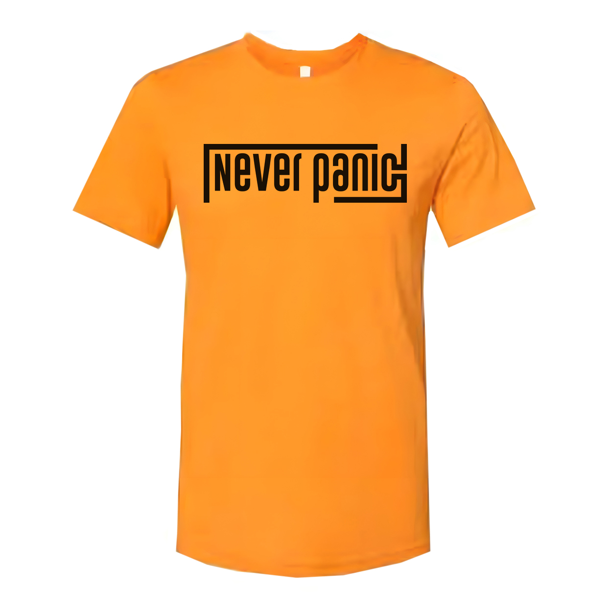 Never Panic Unisex Graphic T Shirt With Bold Block Letter Design For Everyday Wear