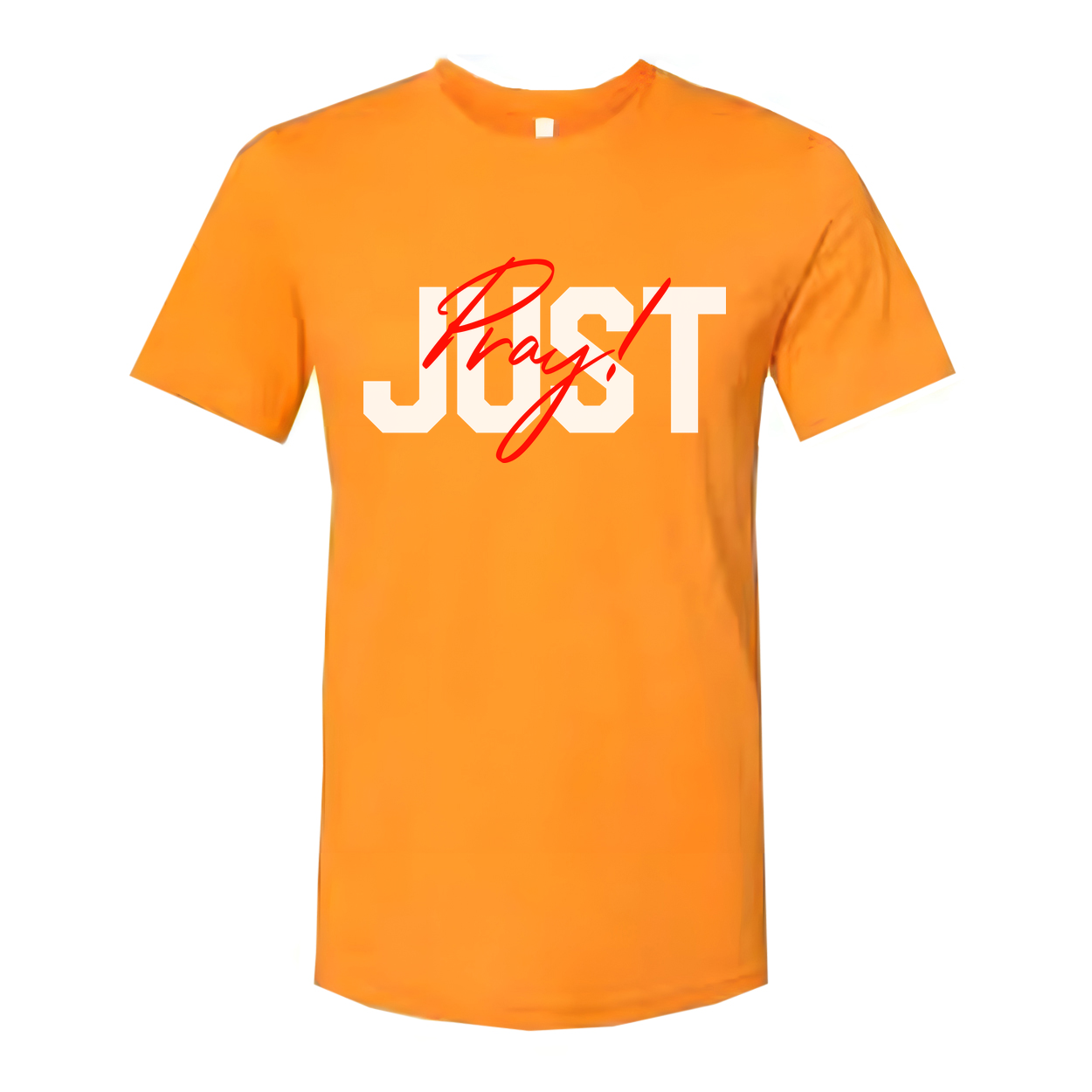 Unisex Christian T Shirt With Just Pray Red Script Overlay On Large Light Gray Letters