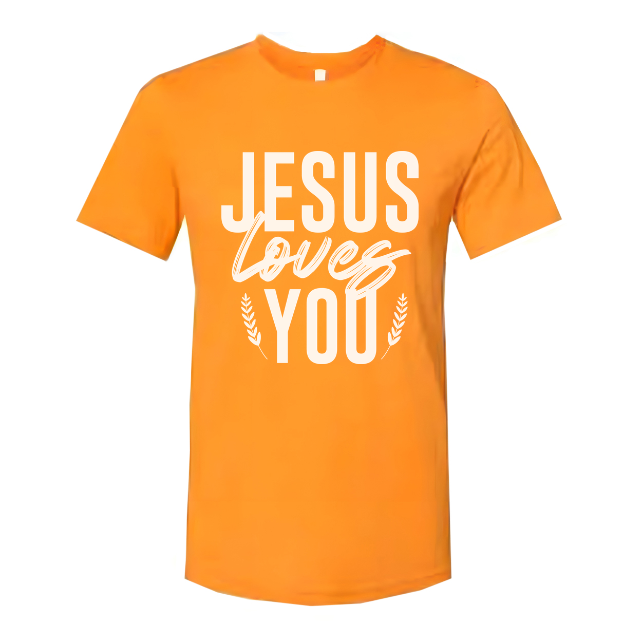 Unisex Christian T Shirt With Jesus Loves You Graphic And Laurel Leaf Accents Soft Fabric