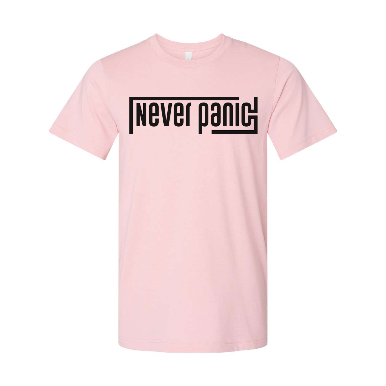 Never Panic Unisex Graphic T Shirt With Bold Block Letter Design For Everyday Wear