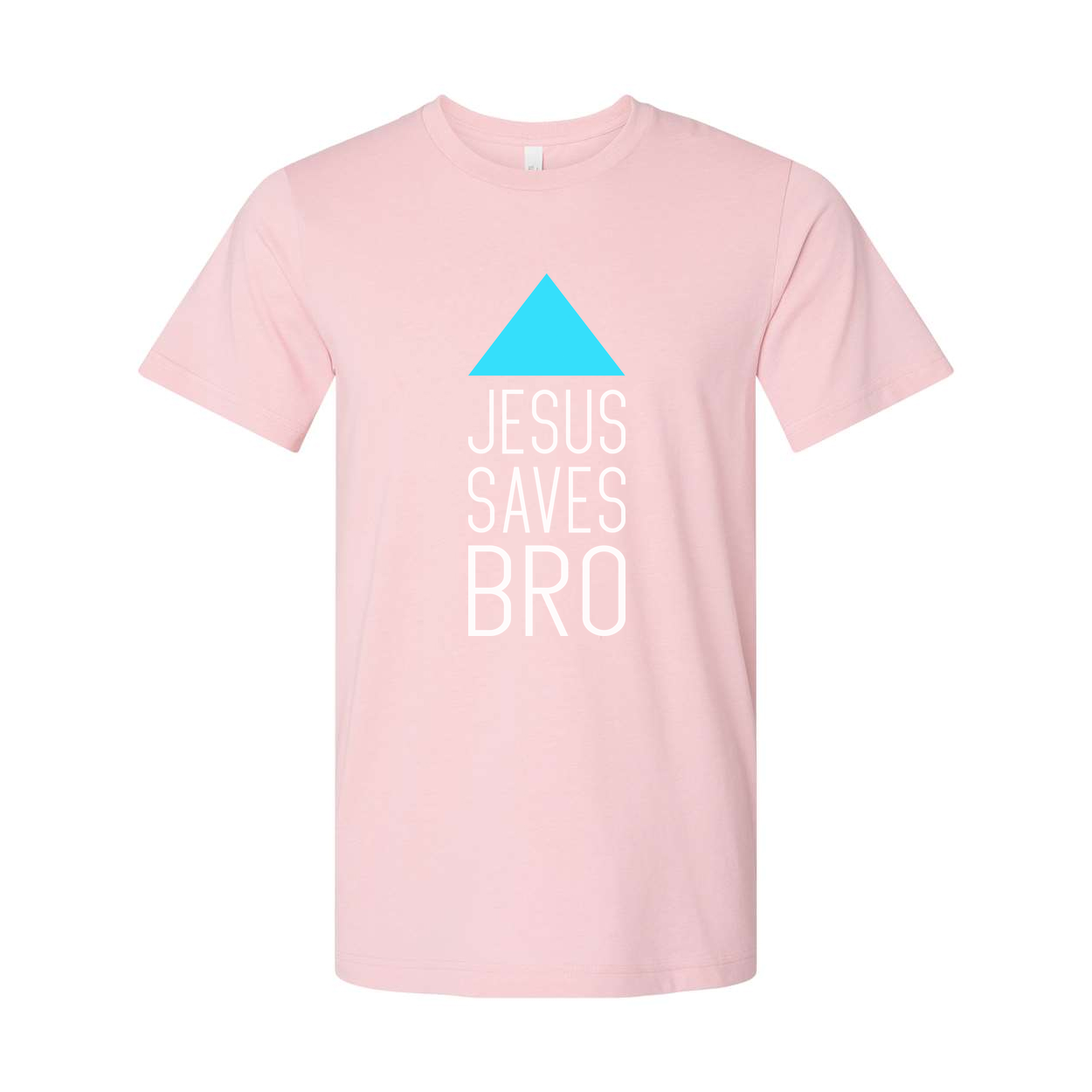 Unisex Christian T Shirt Featuring Jesus Saves Bro With Cyan Triangle Graphic Artwork