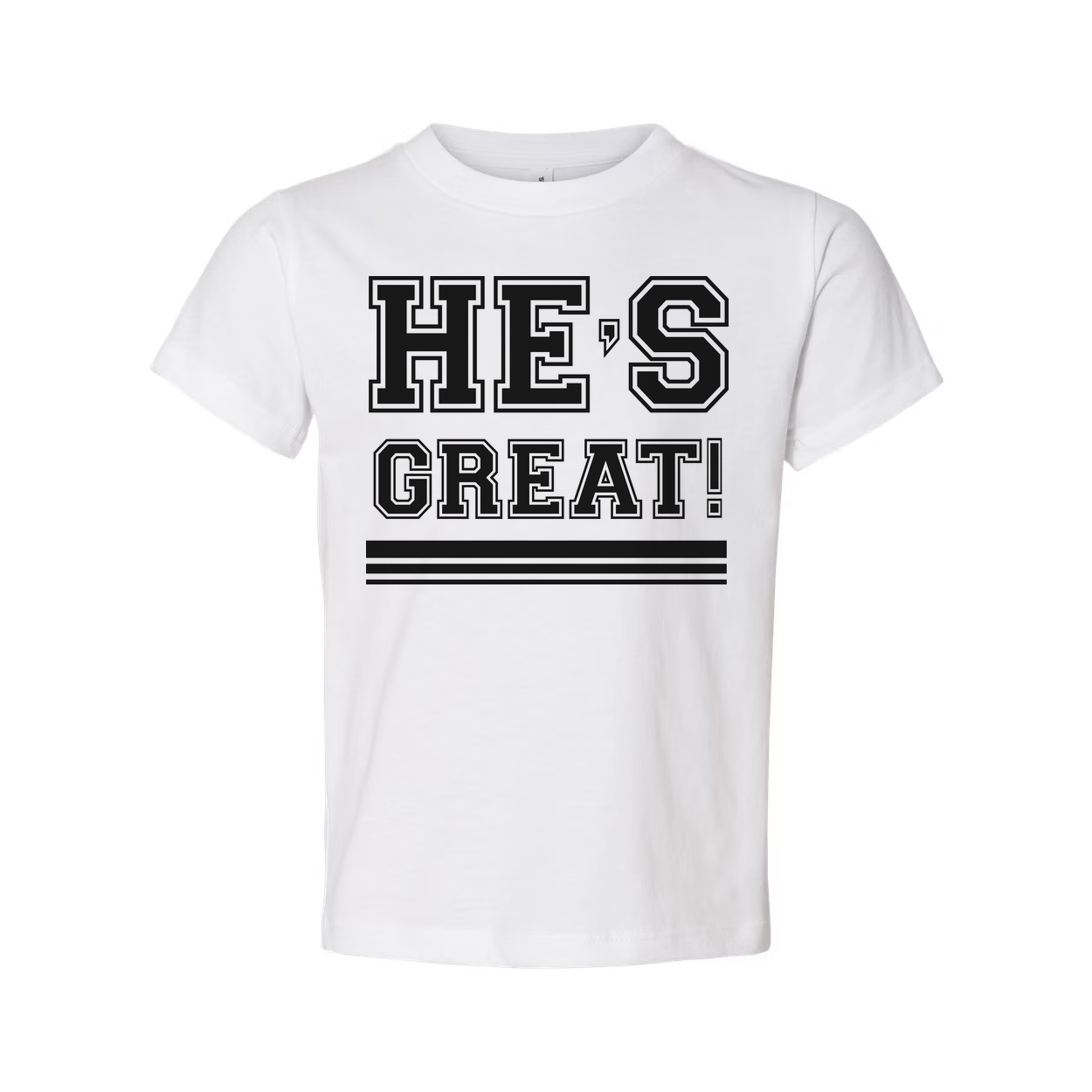 Unisex Christian Graphic T Shirt With Hes Great Exclamation And Bold Stripes Under Design