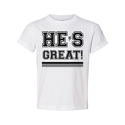 Unisex Christian Graphic T Shirt With Hes Great Exclamation And Bold Stripes Under Design