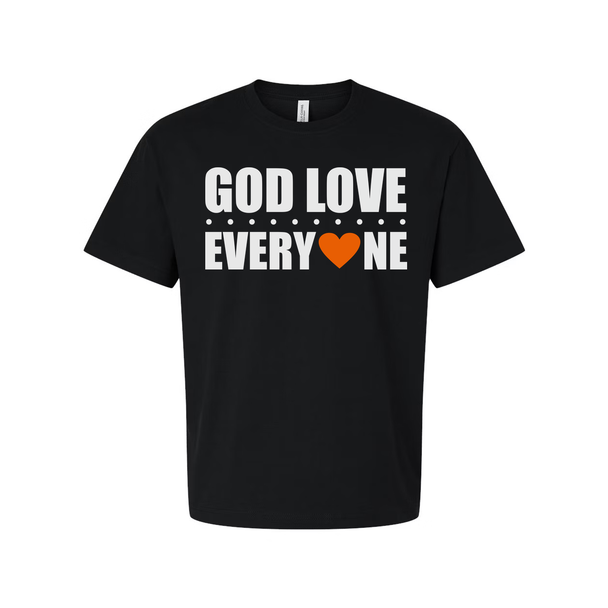 Unisex Christian Graphic Tee Featuring God Love Everyone Message And Orange Heart Accent