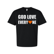 Unisex Christian Graphic Tee Featuring God Love Everyone Message And Orange Heart Accent