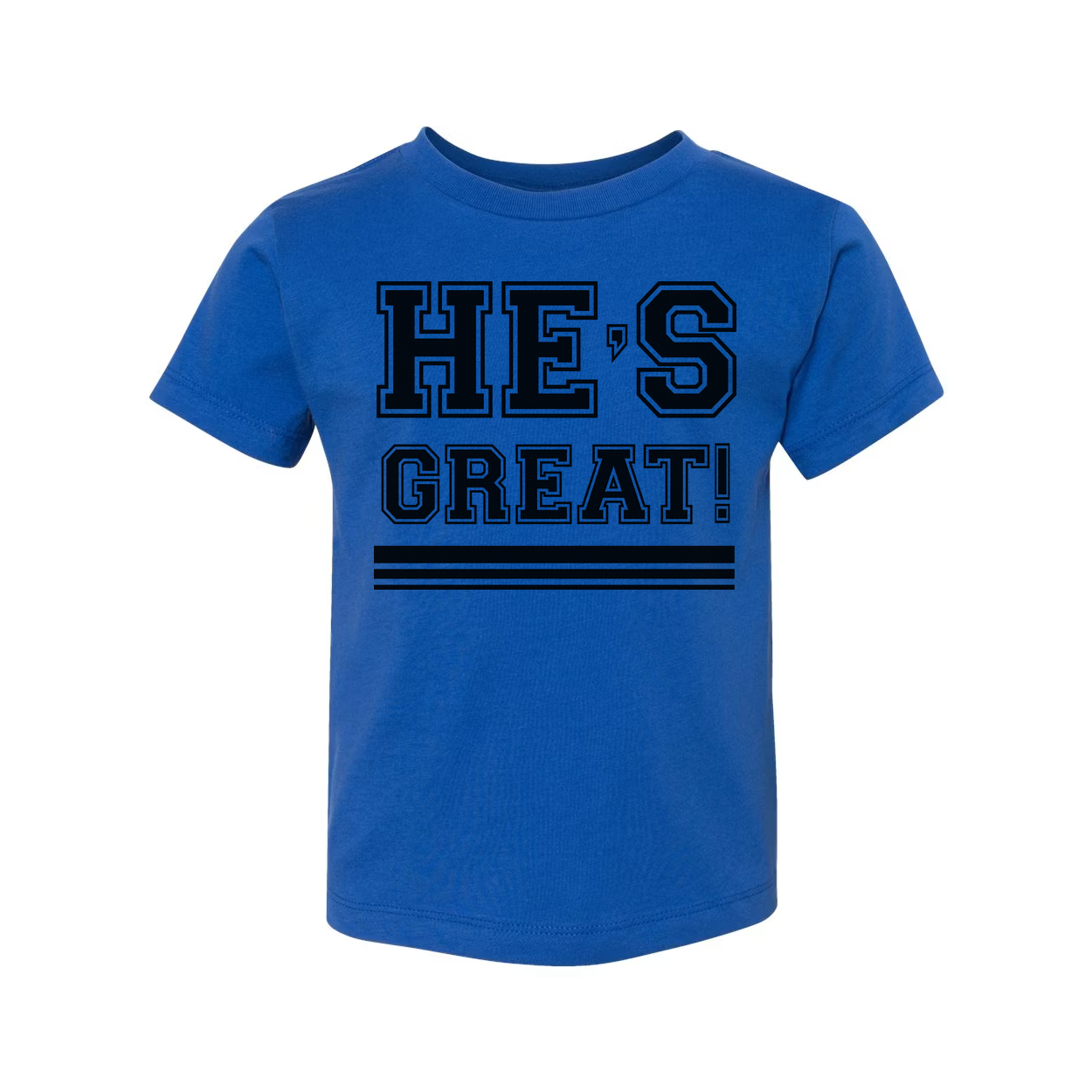 Unisex Christian Graphic T Shirt With Hes Great Exclamation And Bold Stripes Under Design