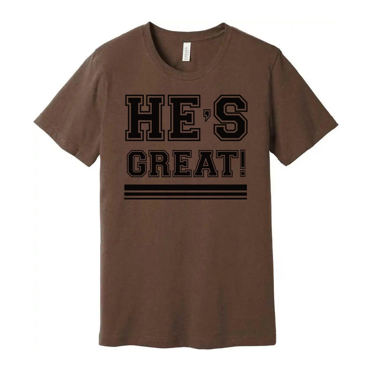 Unisex Christian Graphic T Shirt With Hes Great Exclamation And Bold Stripes Under Design