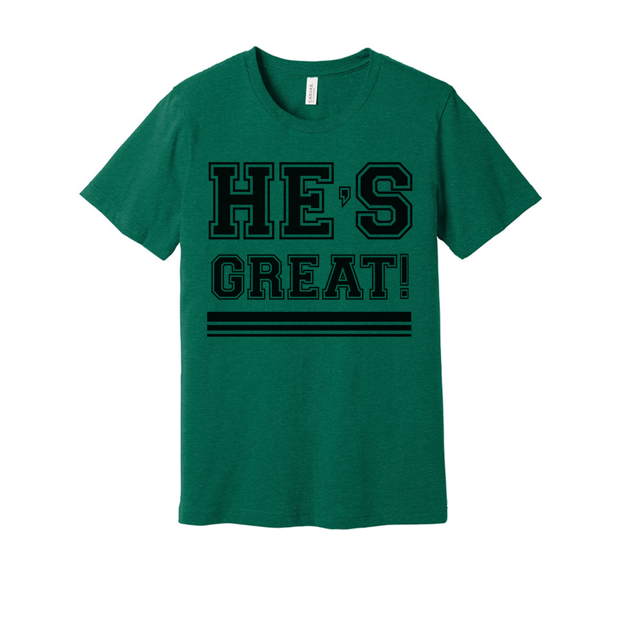 Unisex Christian Graphic T Shirt With Hes Great Exclamation And Bold Stripes Under Design