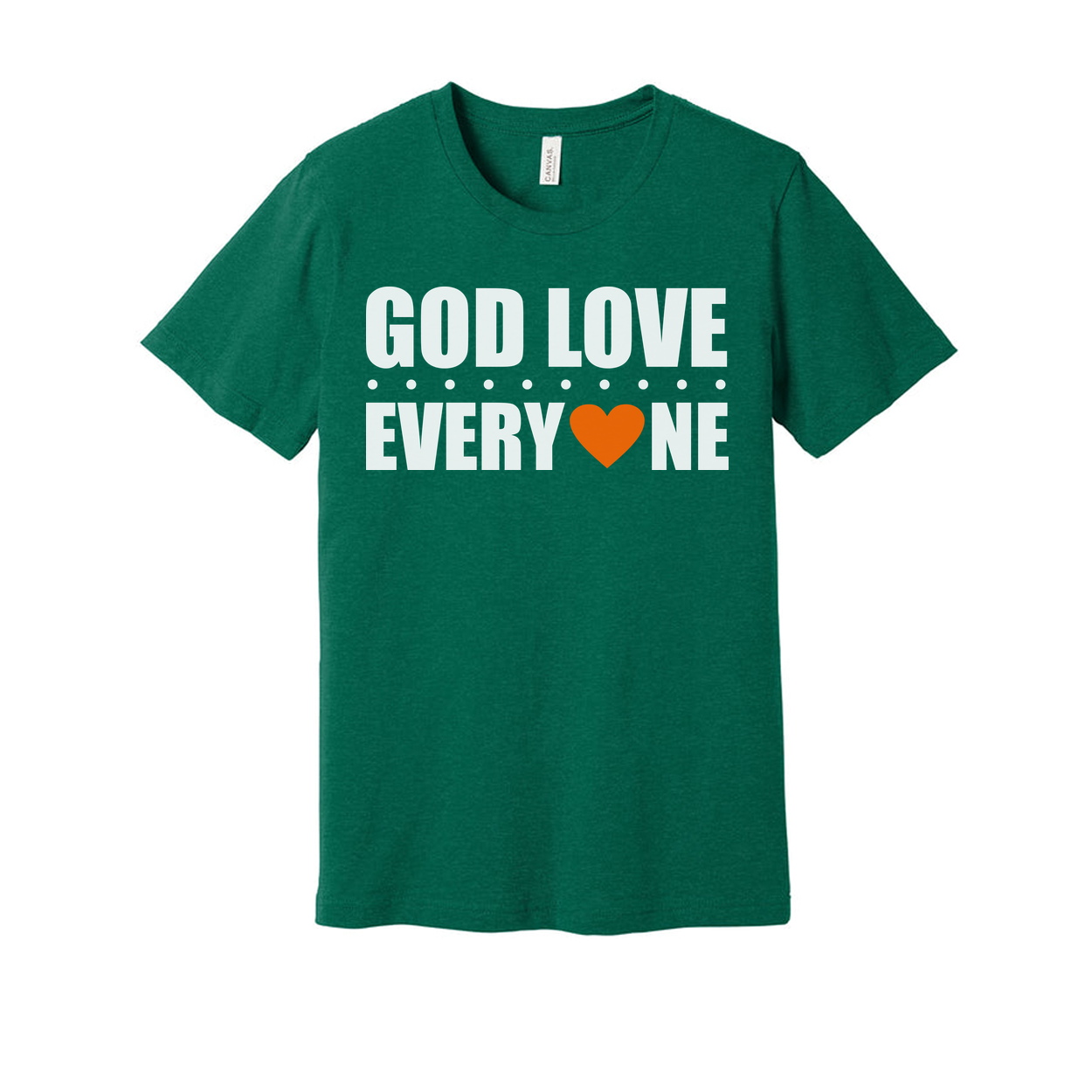 Unisex Christian Graphic Tee Featuring God Love Everyone Message And Orange Heart Accent