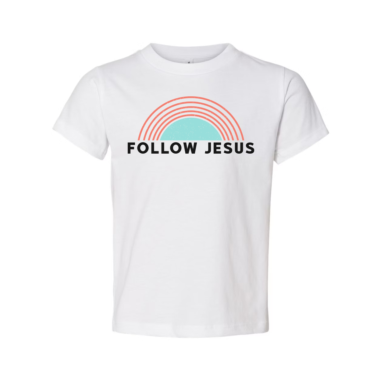 Christian Unisex T Shirt With Follow Jesus Graphic Featuring A Retro Rainbow Arch Design For Everyday Wear