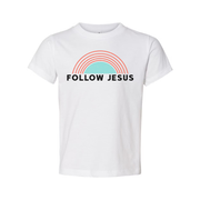 Christian Unisex T Shirt With Follow Jesus Graphic Featuring A Retro Rainbow Arch Design For Everyday Wear