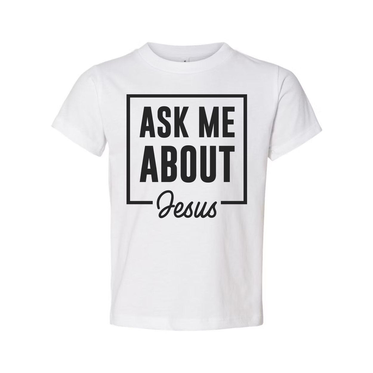 Unisex Christian T Shirt With Ask Me About Jesus Graphic Inside A Bold Square Frame