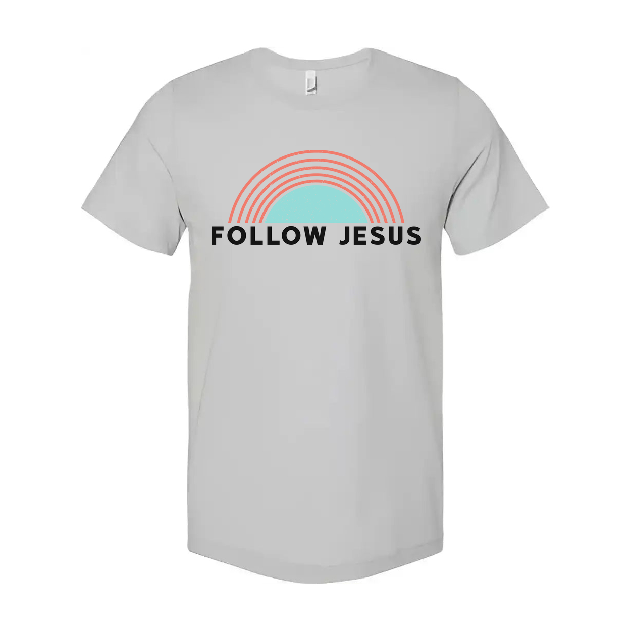 Christian Unisex T Shirt With Follow Jesus Graphic Featuring A Retro Rainbow Arch Design For Everyday Wear